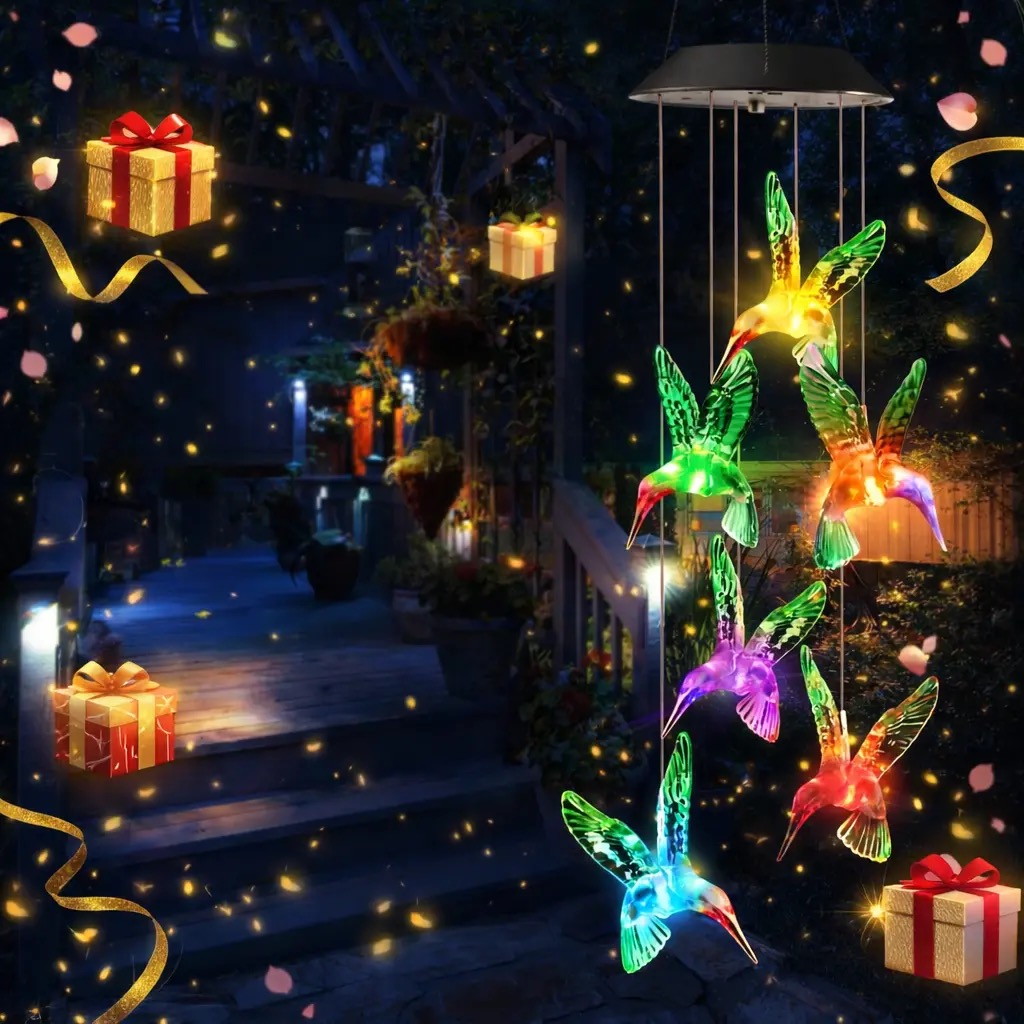 Solar Color-Changing Hummingbird Wind Chimes